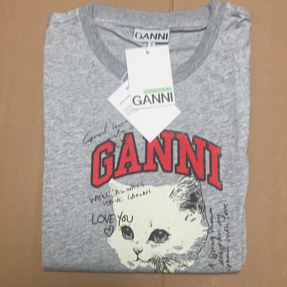 Ganni Heather Grey 3/4 sleeve Tee with kitten Graphic & Varsity stripes size M